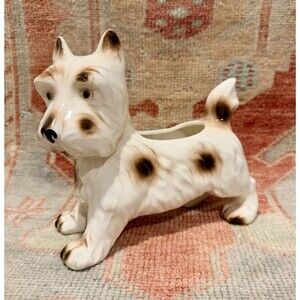 Vintage Scottie Dog Ceramic Planter White Brown Terrier Figurine Small Pot Retro